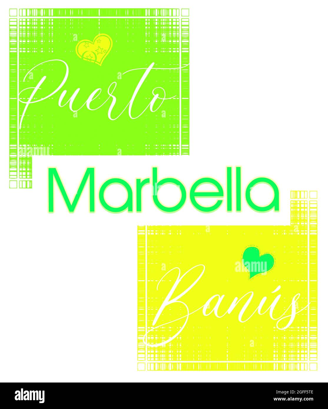 Marbella Puerto Banus in modern style. Simple logo for souvenirs Stock Photo