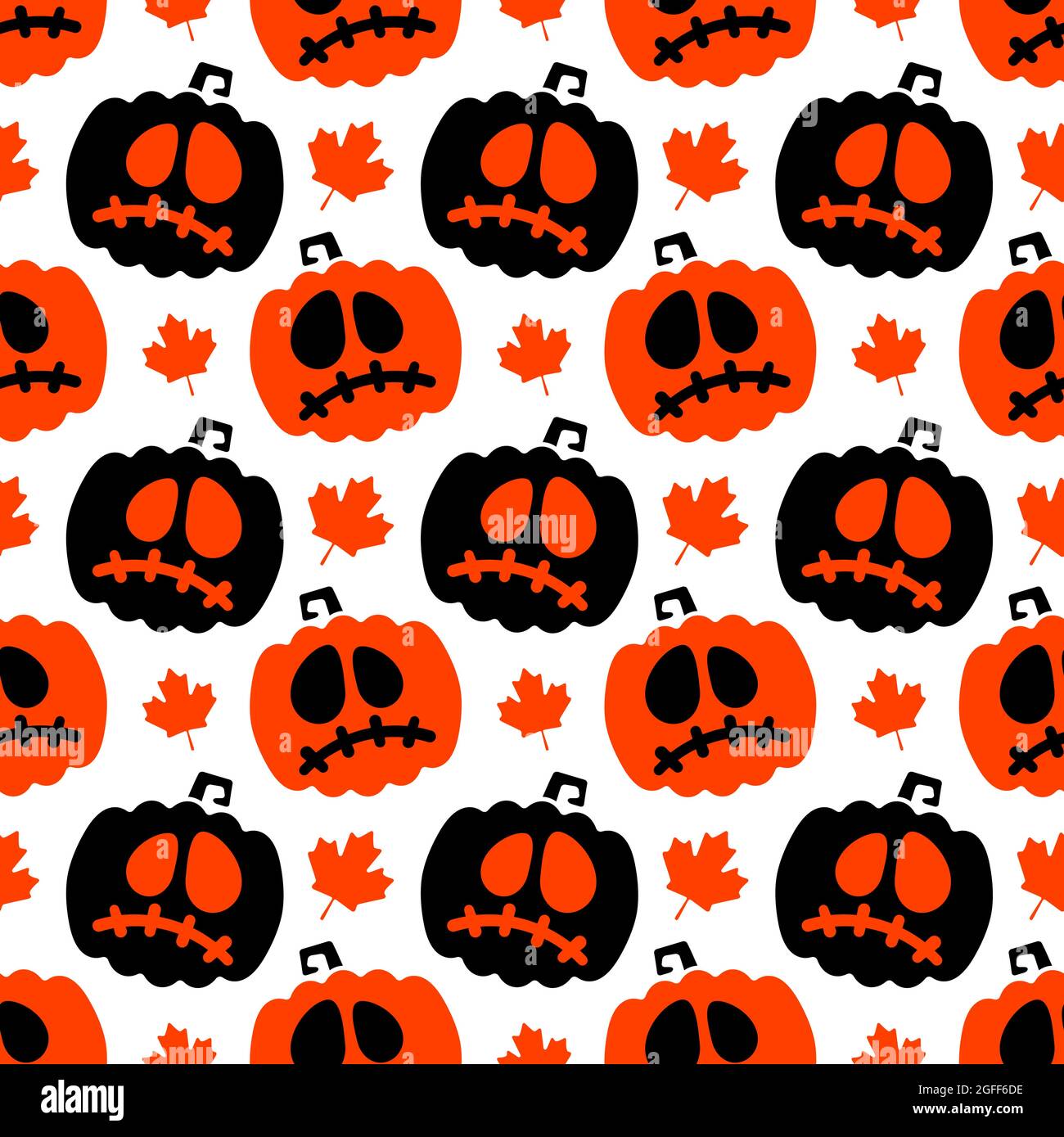 Black and orange pumpkins with a sad face emotion and maple leaves on a ...