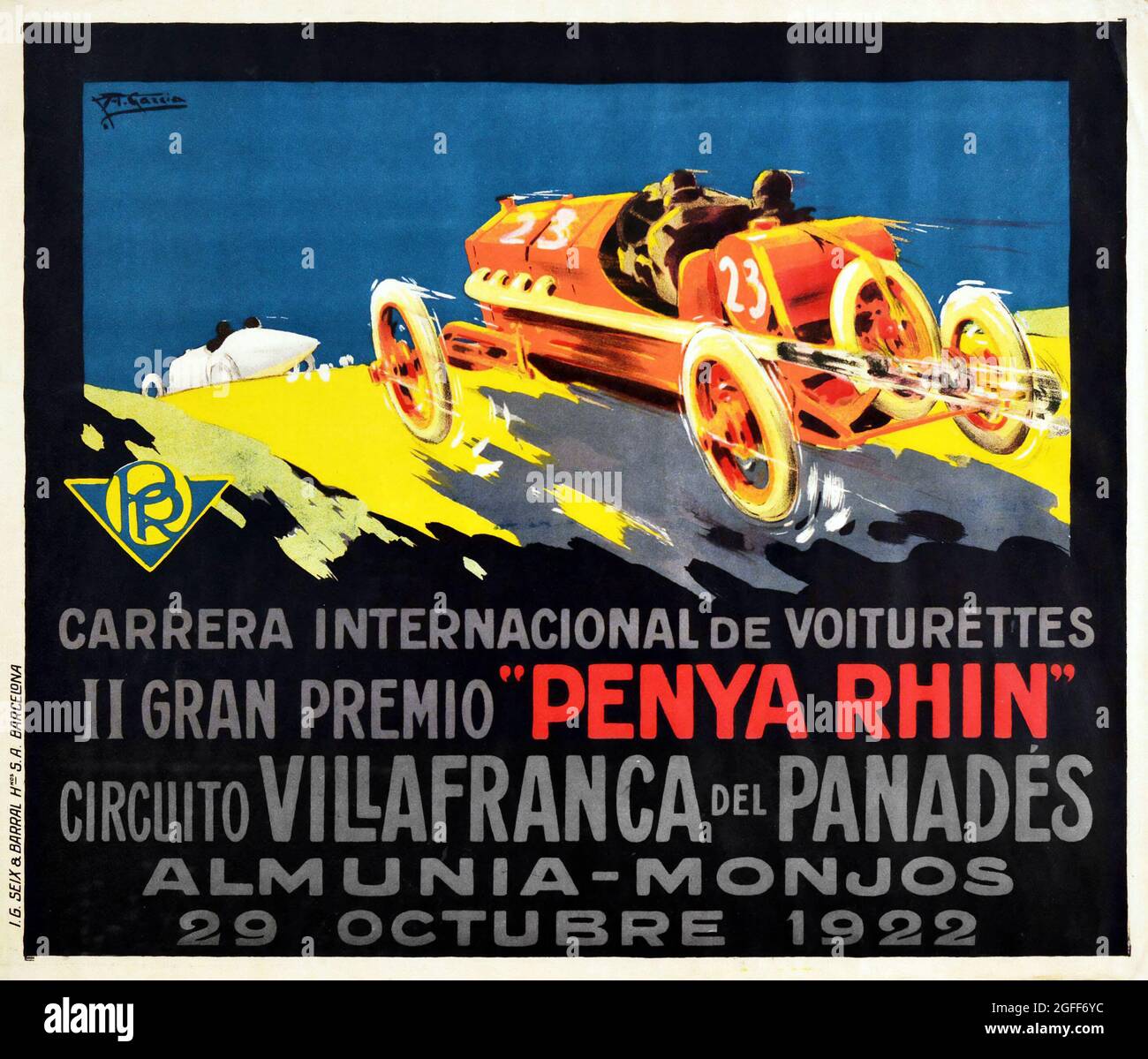 Vintage Motor Sport Poster Gran Premio Penya Rhin Grand Prix Car Racing, Villafranca del Panades – Artwork by A. Garcia. 1922. Stock Photo