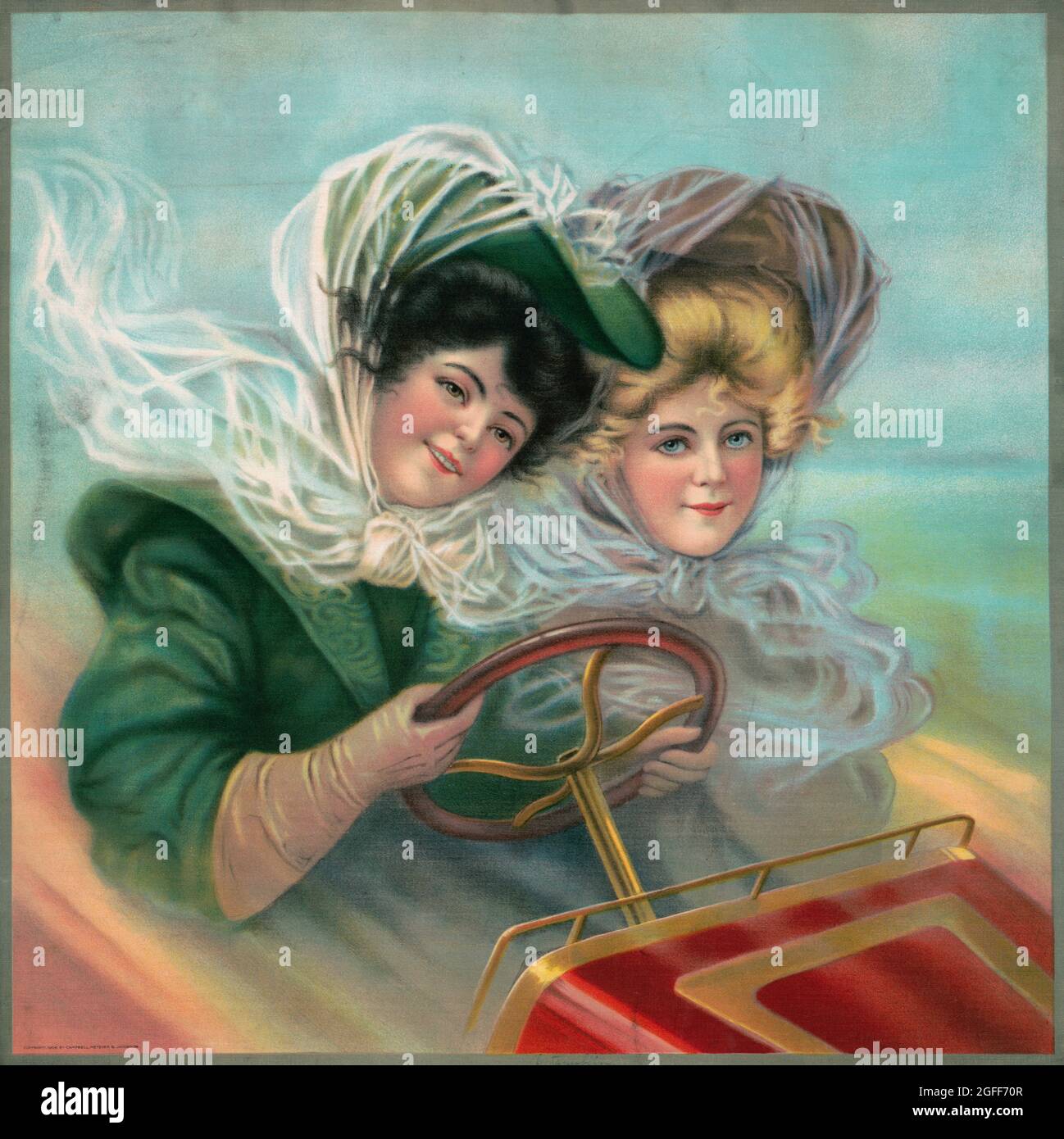 Automobility – 1906 – Campbell, Metzger & Jacobson - Two women in a car. Vintage picture. Early 1900s women's fashion. Stock Photo