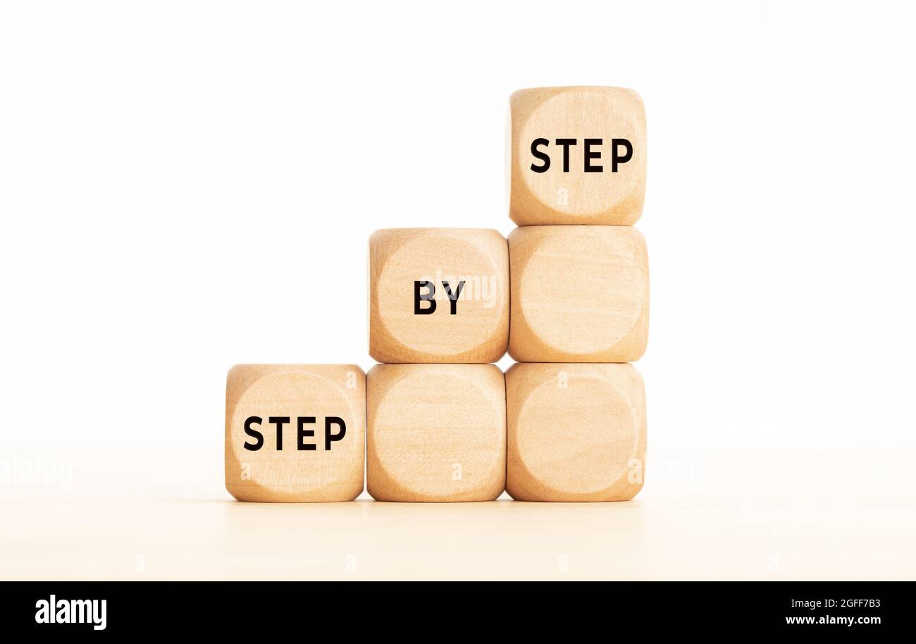 Step by Step phrase on wooden block shape. Copy space. White background Stock Photo