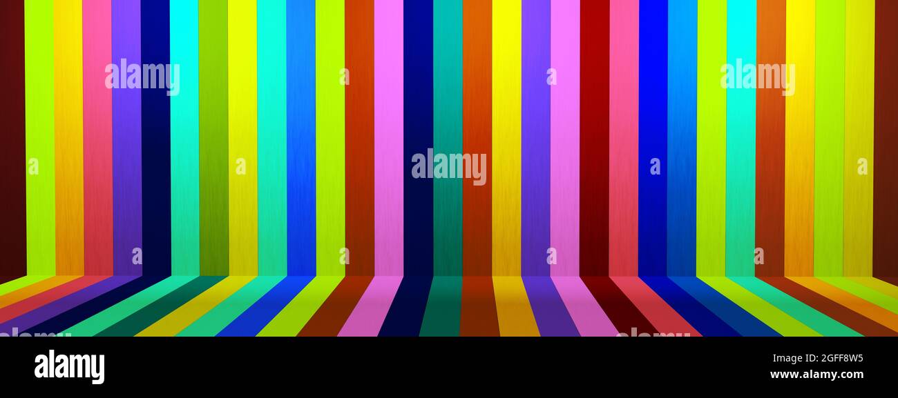 Retro stripe pattern with bright colors, platform scene show products presentation 3d render, panoramic image Stock Photo