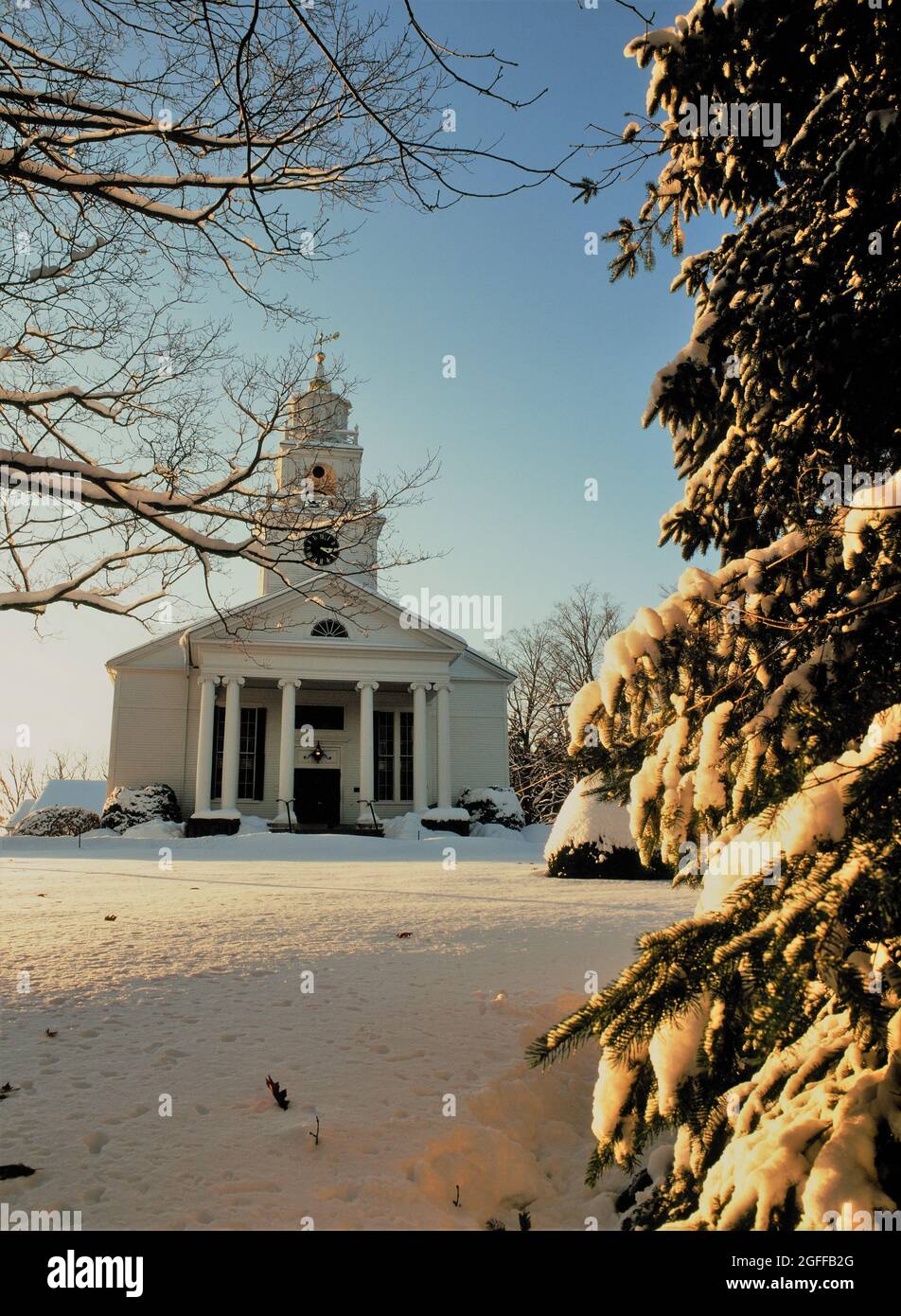 New England church in winter snow Stock Photo
