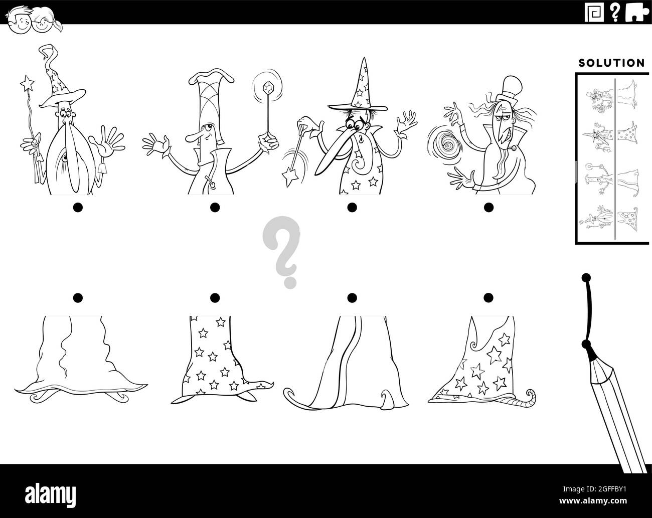 Black and white cartoon illustration of educational game of matching halves of pictures with wizards fantasy characters coloring book page Stock Vector