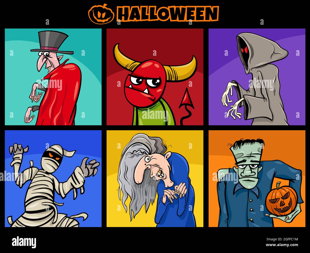 Cartoon illustration of comic Halloween characters set Stock Vector