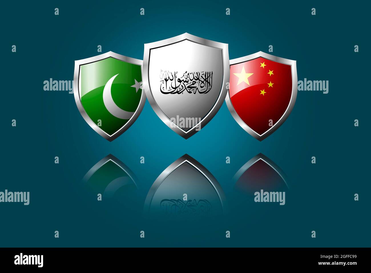 pakistan, taliban and china flags in shield. stock illustration. Stock Photo