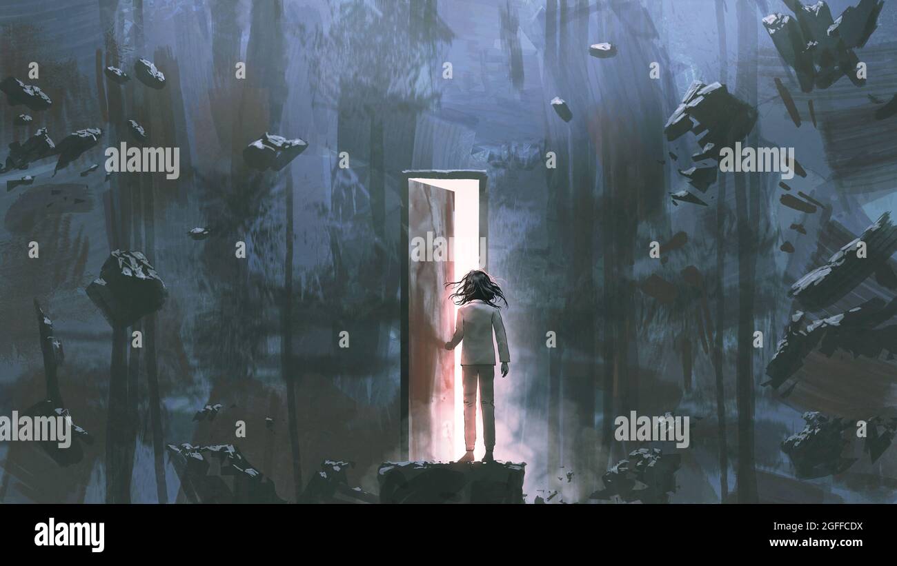 child standing in a dark place and opening a door lit from within, digital art style, illustration painting Stock Photo