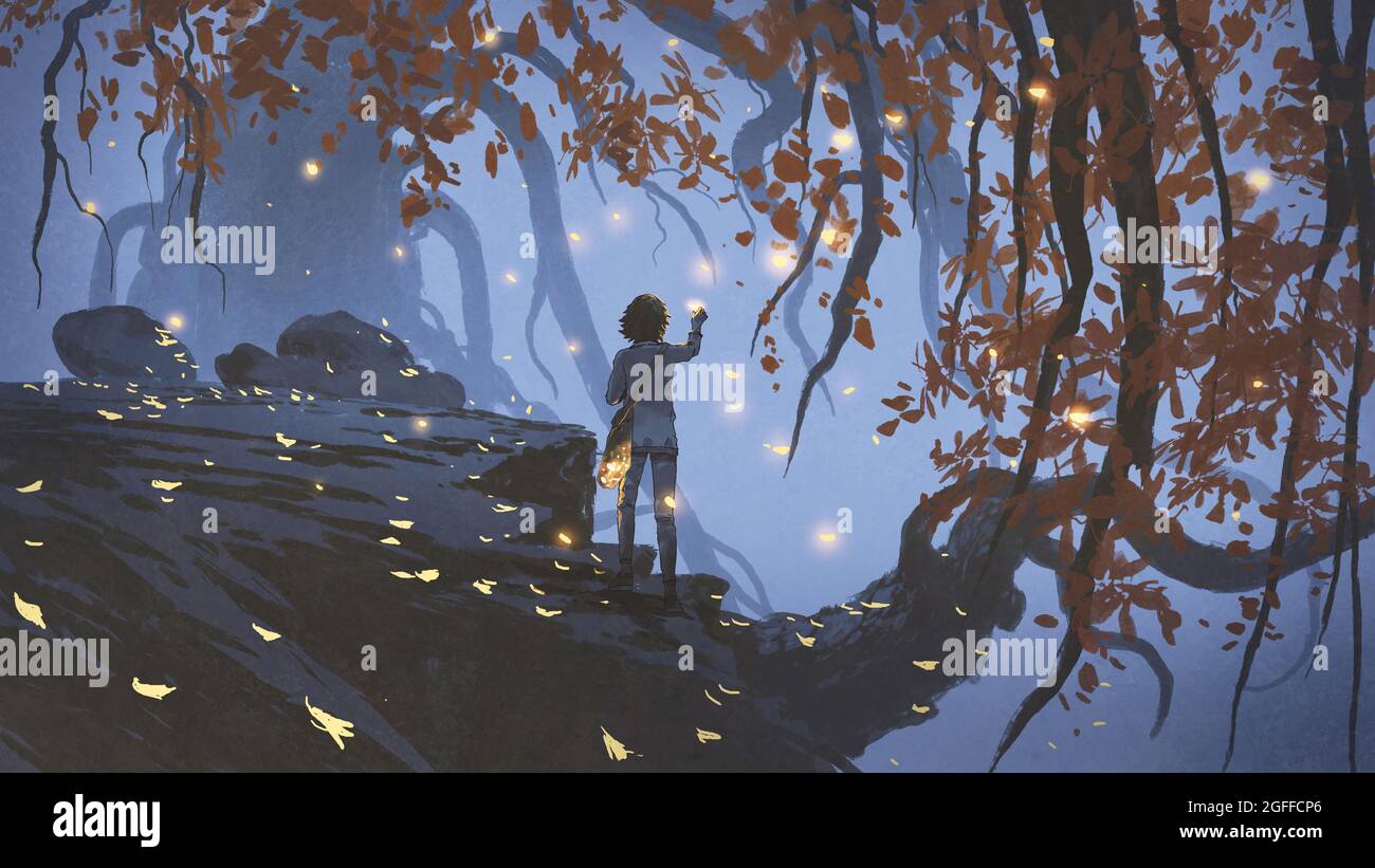 young woman collecting the glowing leaves that falling from the trees, digital art style, illustration painting Stock Photo
