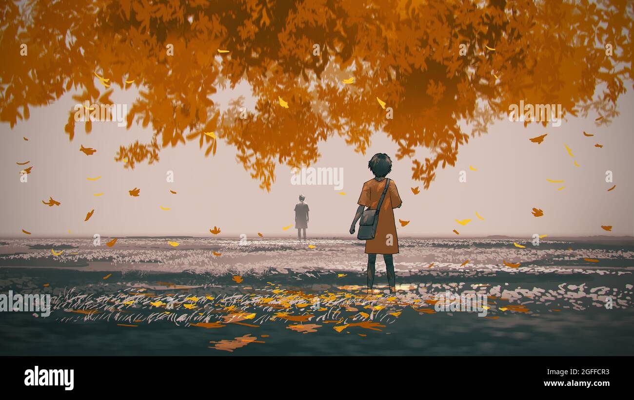 young woman standing under the autumn tree looked at the man in the distance, digital art style, illustration painting Stock Photo