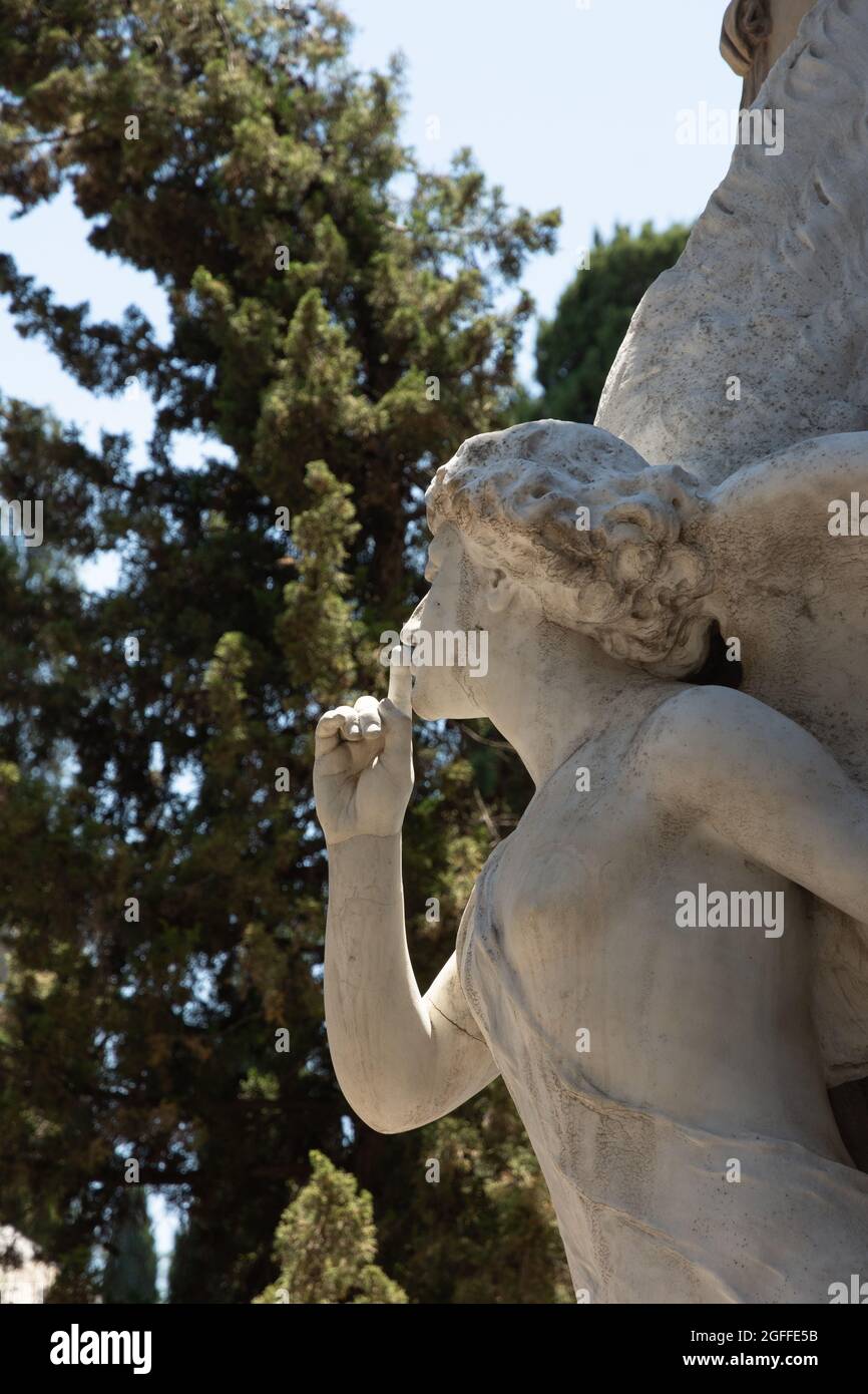 Madrid,Spain; 6th June 2021: The Angel of Silence by sculptor Luis Perinat. Side and back view, guarding the entrance of the pantheon of the Marquise Stock Photo