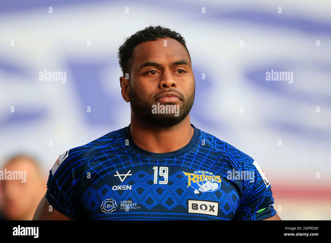 Wigan, UK. 25th Aug, 2021. King Vuniyayawa (19) of Leeds Rhinos during the warm up for the game in Wigan, United Kingdom on 8/25/2021. (Photo by Conor Molloy/News Images/Sipa USA) Credit: Sipa USA/Alamy Live News Stock Photo