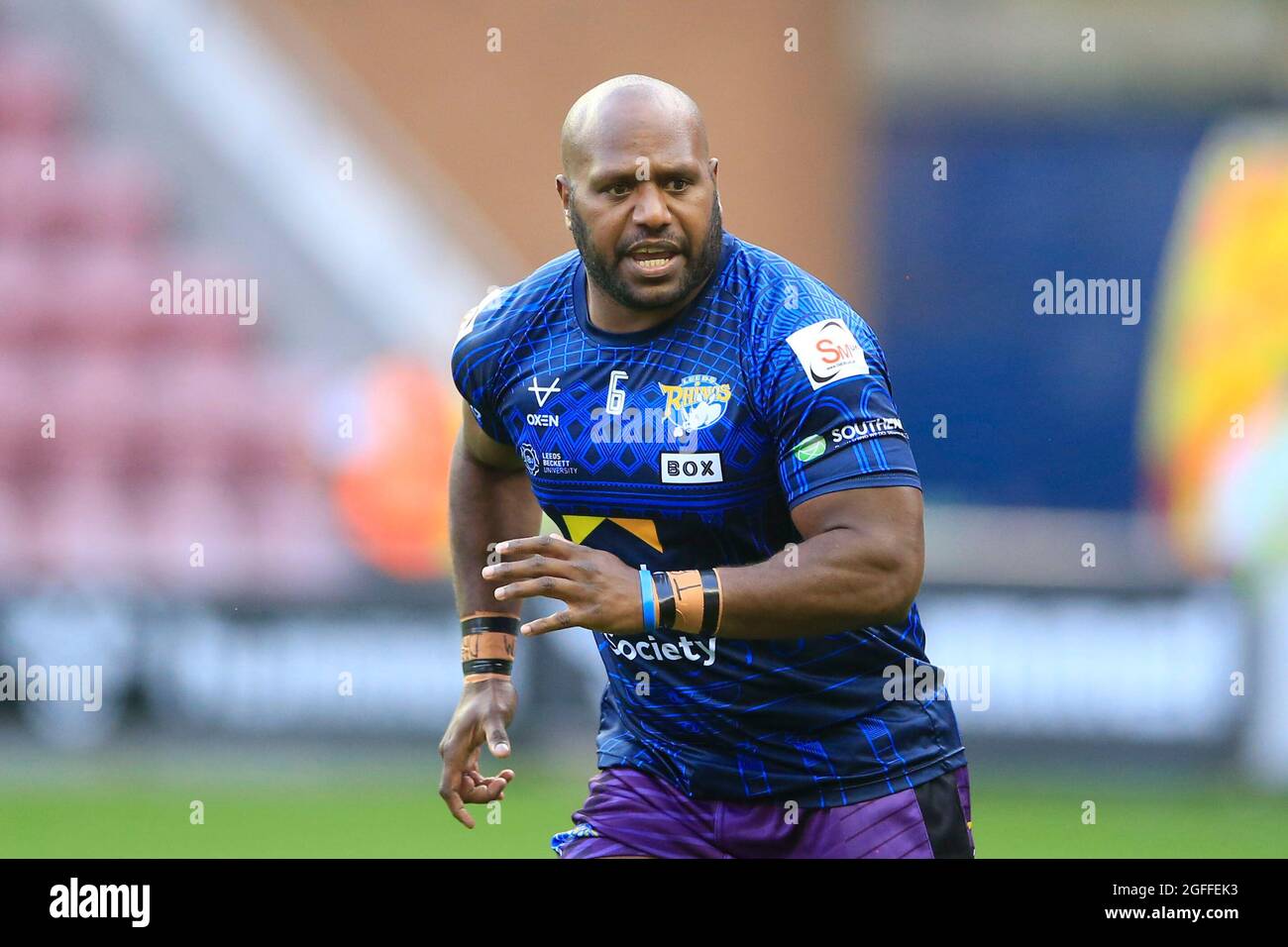 Wigan, UK. 25th Aug, 2021. Robert Lui (6) of Leeds Rhinos during the warm up for the game in Wigan, United Kingdom on 8/25/2021. (Photo by Conor Molloy/News Images/Sipa USA) Credit: Sipa USA/Alamy Live News Stock Photo