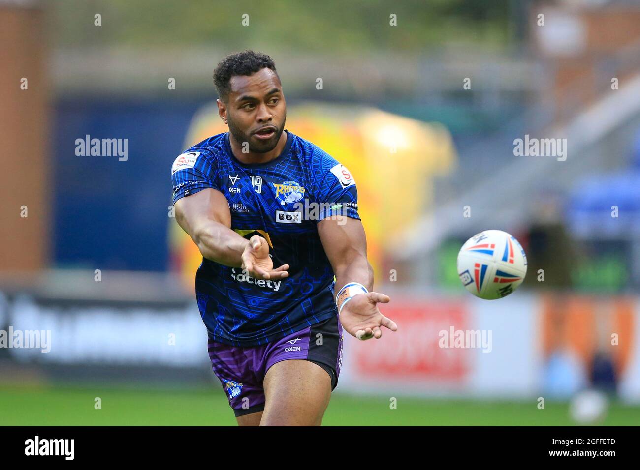 Wigan, UK. 25th Aug, 2021. King Vuniyayawa (19) of Leeds Rhinos during the warm up for the game in Wigan, United Kingdom on 8/25/2021. (Photo by Conor Molloy/News Images/Sipa USA) Credit: Sipa USA/Alamy Live News Stock Photo