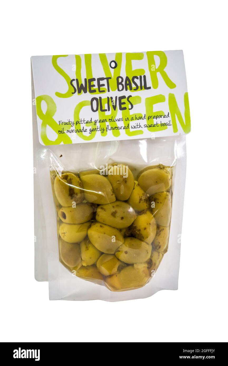 A pack of Silver & Green sweet basil olives. Stock Photo