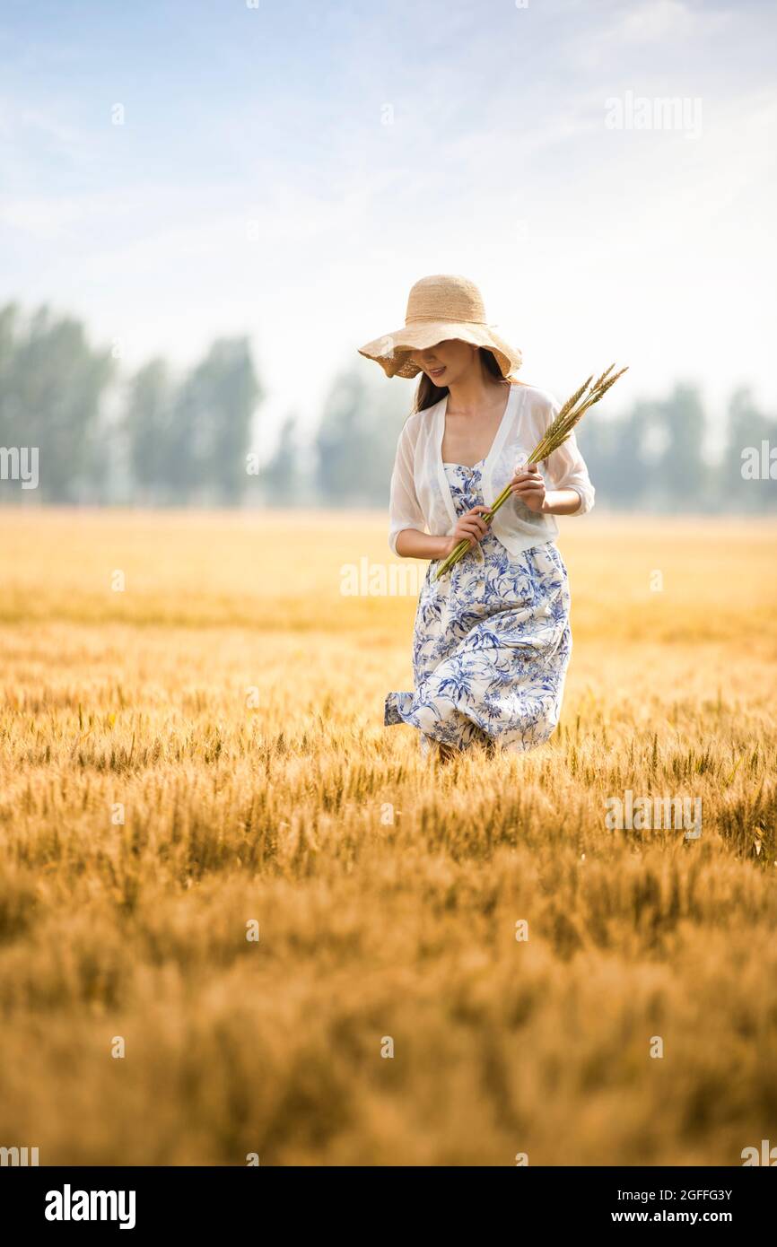 Happy young woman in wheat field Stock Photo - Alamy