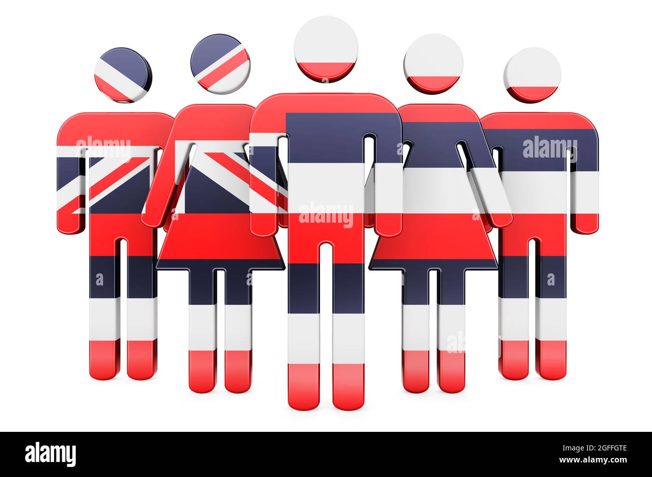 Stick figures with Hawaiian flag. Social community and citizens of Hawaii, 3D rendering isolated on white background Stock Photo