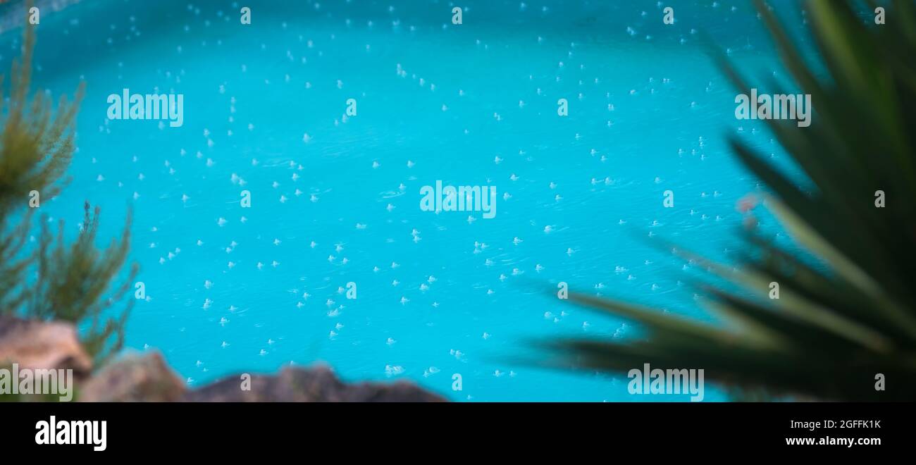 Raindrops in a swimming pool symbolizing the end of summer and the end of vacation Stock Photo
