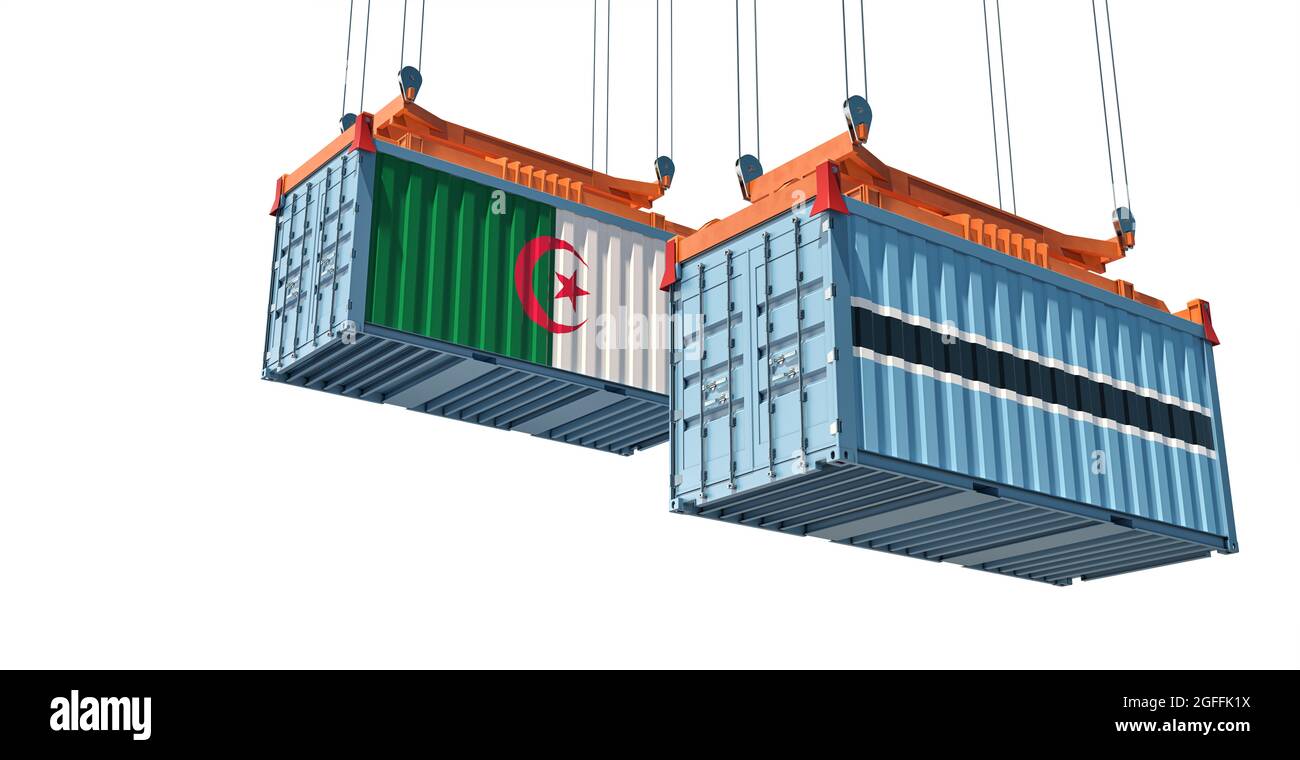 Freight containers with Algeria and Botswana national flags. 3D Rendering Stock Photo