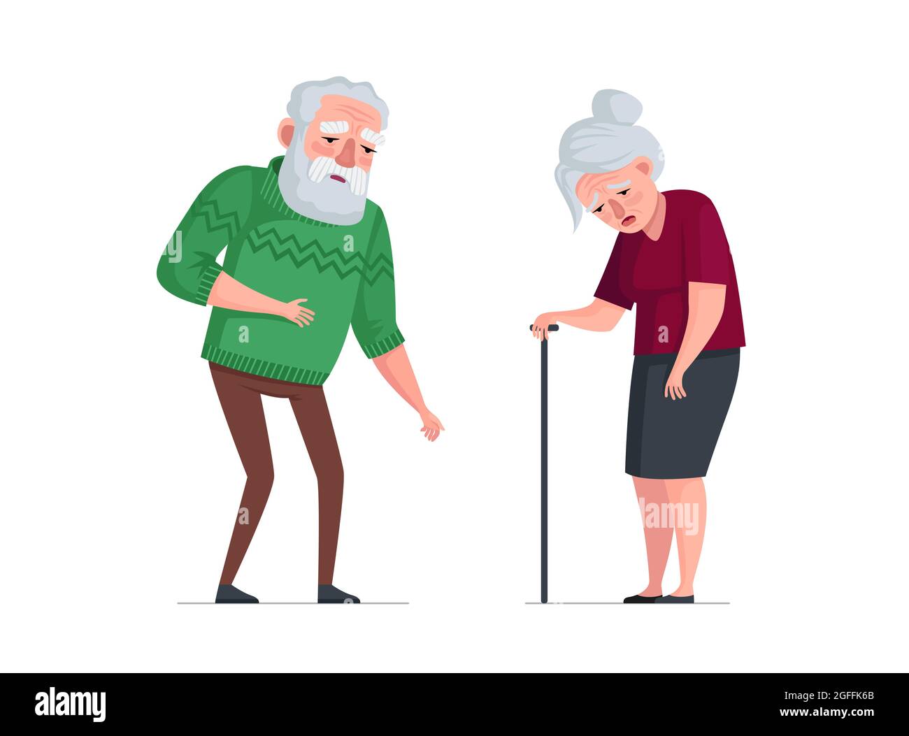 Unhealthy sick elderly couple stand. Sad tired senior aged pensioners. Weakness old people bearded man in sweater and woman with cane. Fatigue gray hair retired grandparents. Vector eps illustration Stock Vector