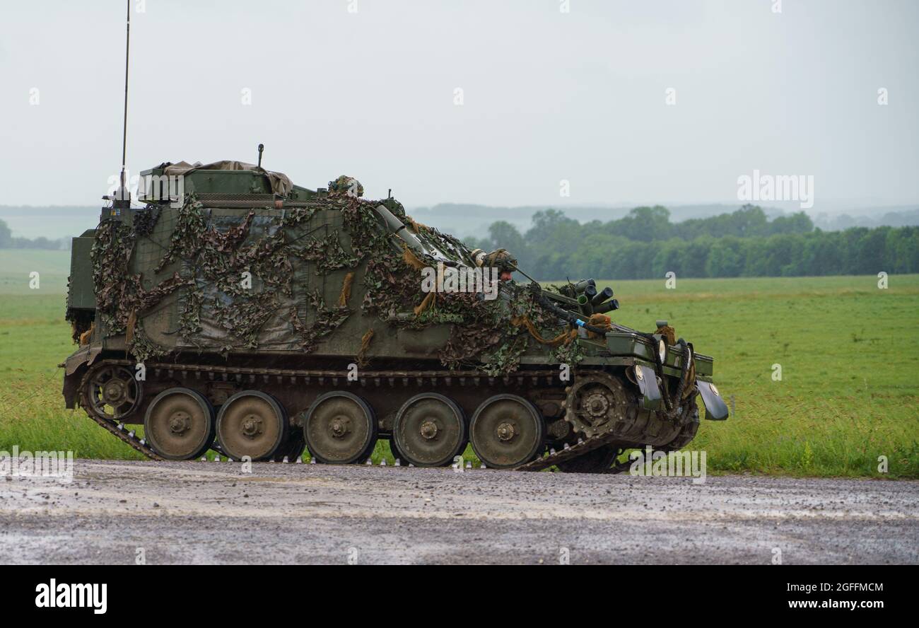 British army CVRT FV105 Sultan command and control vehicle in action on a military exercise on Salisbury Plain, UK Stock Photo