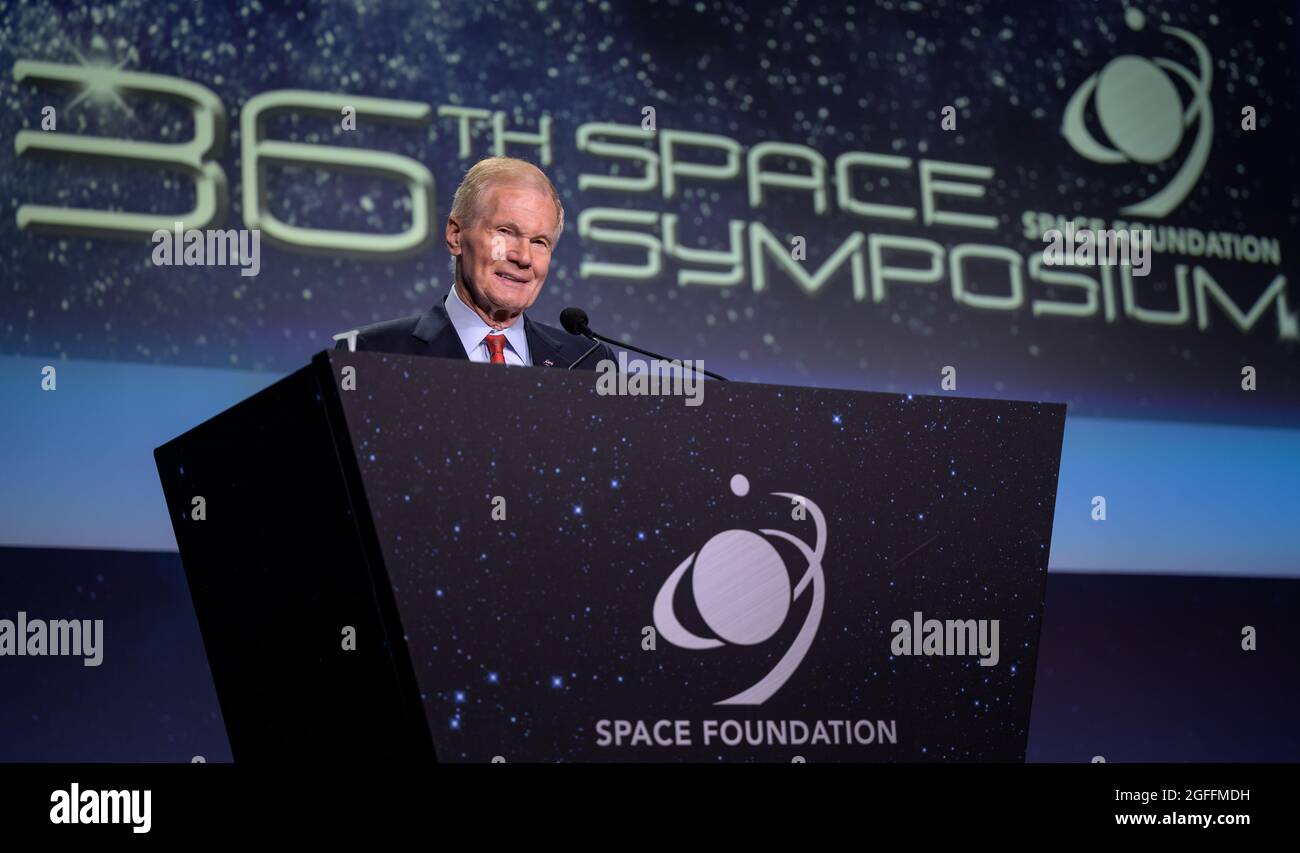 Colorado Springs, United States. 24th Aug, 2021. NASA Administrator Bill Nelson delivers the keynote address during the 36th Space Symposium at the Broadmoor Hotel August 24, 2021 in Colorado Springs, Colorado. Credit: Planetpix/Alamy Live News Stock Photo