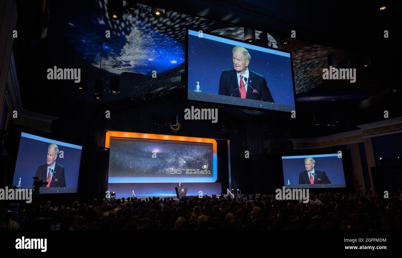 Colorado Springs, United States. 24th Aug, 2021. NASA Administrator Bill Nelson delivers the keynote address during the 36th Space Symposium at the Broadmoor Hotel August 24, 2021 in Colorado Springs, Colorado. Credit: Planetpix/Alamy Live News Stock Photo