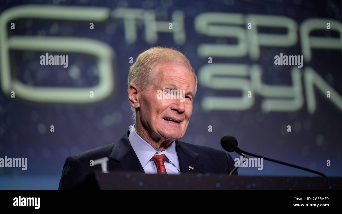 Colorado Springs, United States. 24th Aug, 2021. NASA Administrator Bill Nelson delivers the keynote address during the 36th Space Symposium August 24, 2021 in Colorado Springs, Colorado. Credit: Planetpix/Alamy Live News Stock Photo