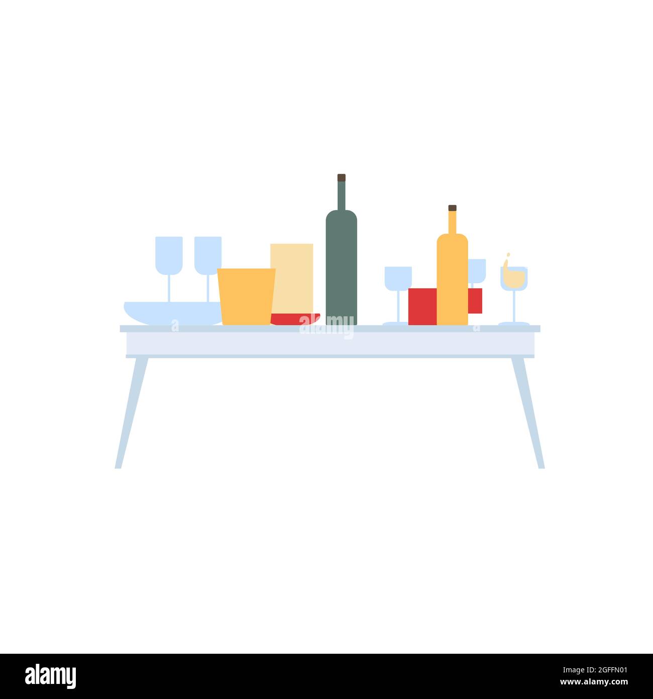 Flat cartoon table with bottles,glasses and drinks,celebration or party event,room interior elements vector illustration concept Stock Vector