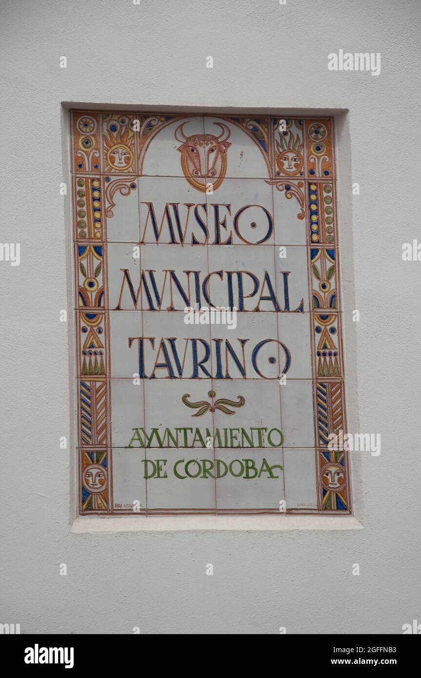 Tiles as Museum Sign for The Municipal Bullfighting Museum, Cordoba, Province of Cordoba, Andalucia, Spain Stock Photo