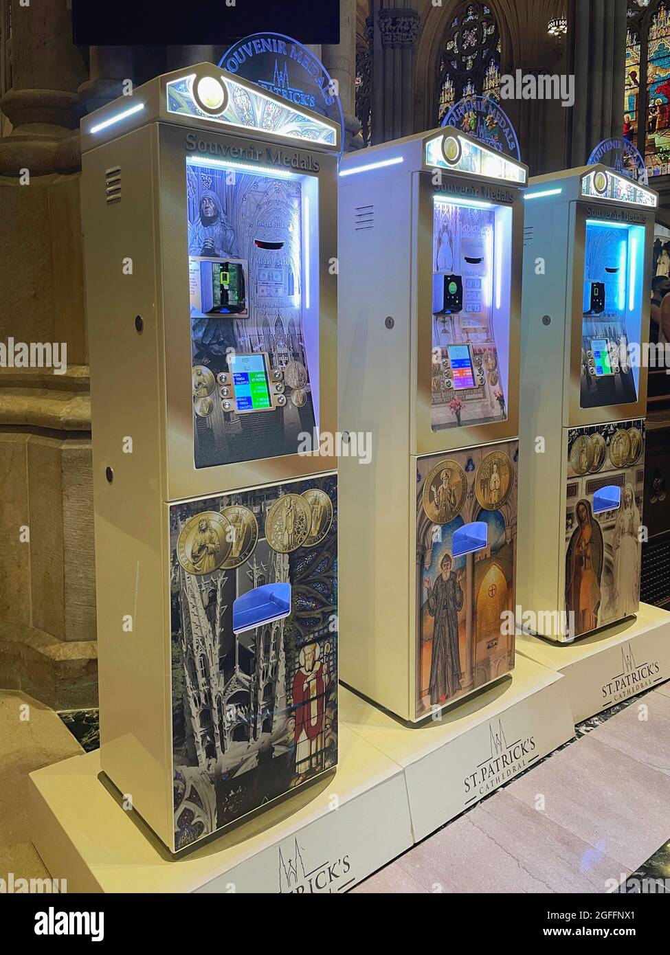 Interior, Cathedral of St. Patrick,Religious Medal Vending Machine Fifth Avenue, NYC Stock Photo