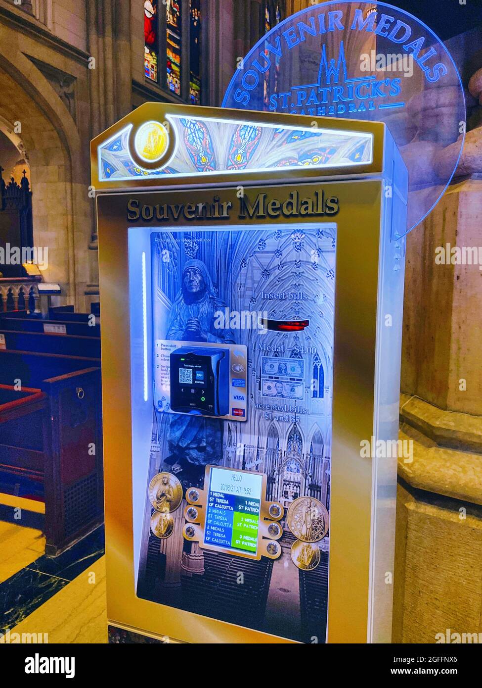 Interior, Cathedral of St. Patrick,Religious Medal Vending Machine Fifth Avenue, NYC Stock Photo