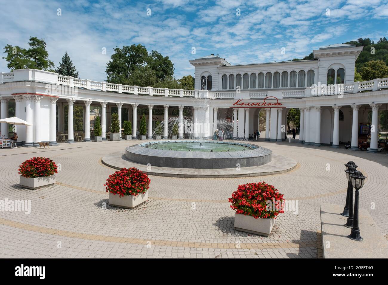 Colonnade with fountain at Kurortny Boulevard Park entrance in Kislovodsk  Stock Photo