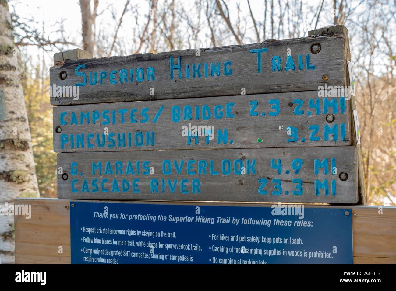 Superior Hiking Trail sign, photographed on a cold January morning; Grand Marais, Minnesota, USA Stock Photo