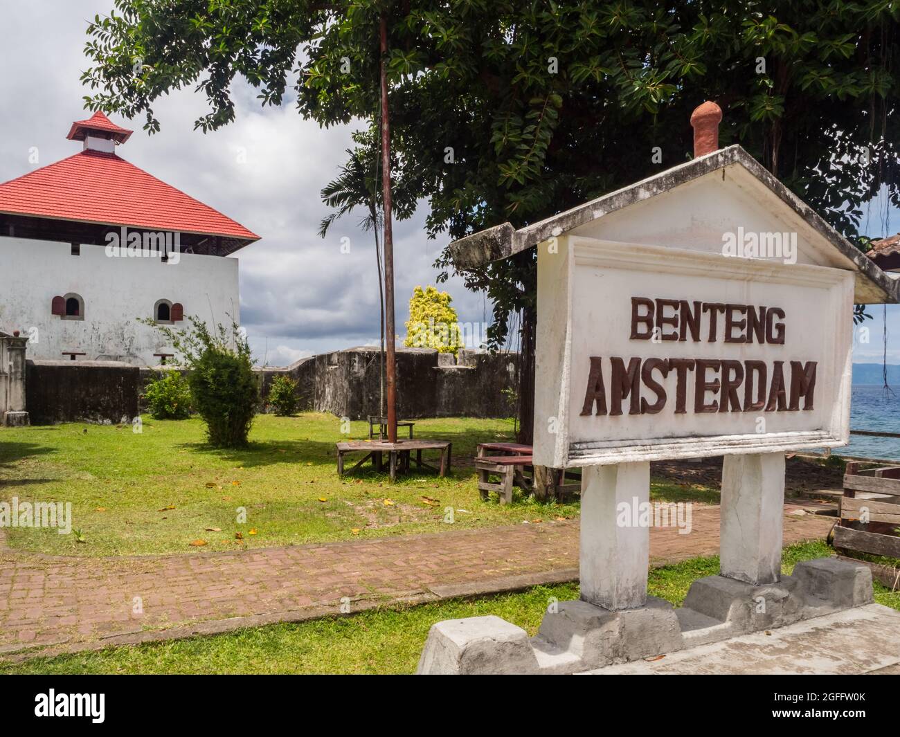 Ambon Island, Indonesia - Feb 2018: Fort Amsterdam (also formerly known as Blokhuis Amsterdam) is a fort and a blockhouse in Hila town, Leihitu Subdis Stock Photo