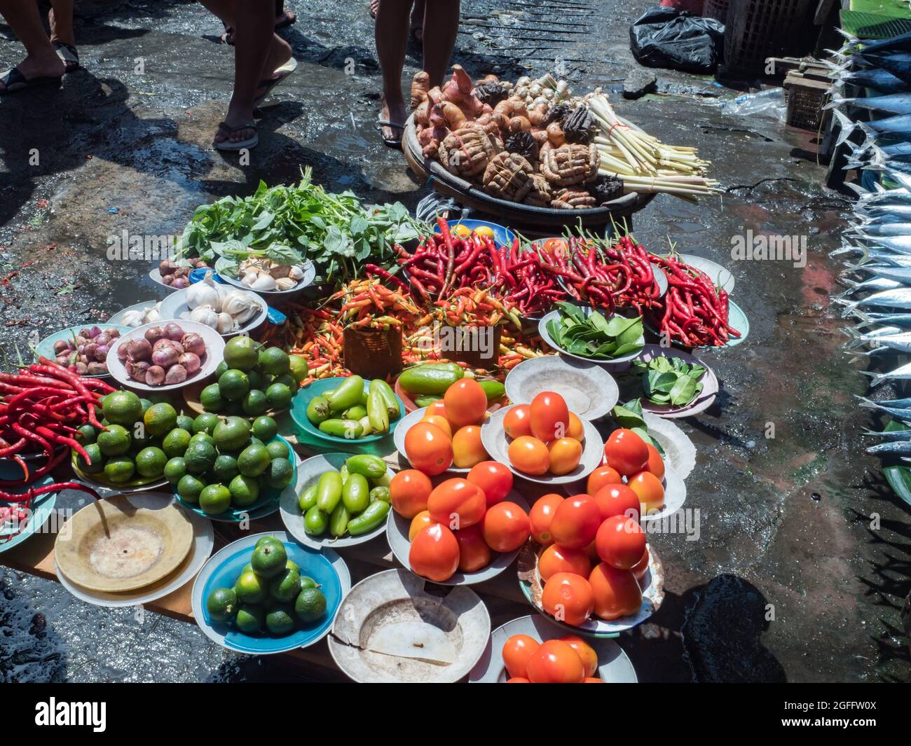 Ambon, Indonesia - Feb 2018; Different types of vegetables and fruits at the local market in the town of Ambon on the island of Ambon, Maluku Archipel Stock Photo