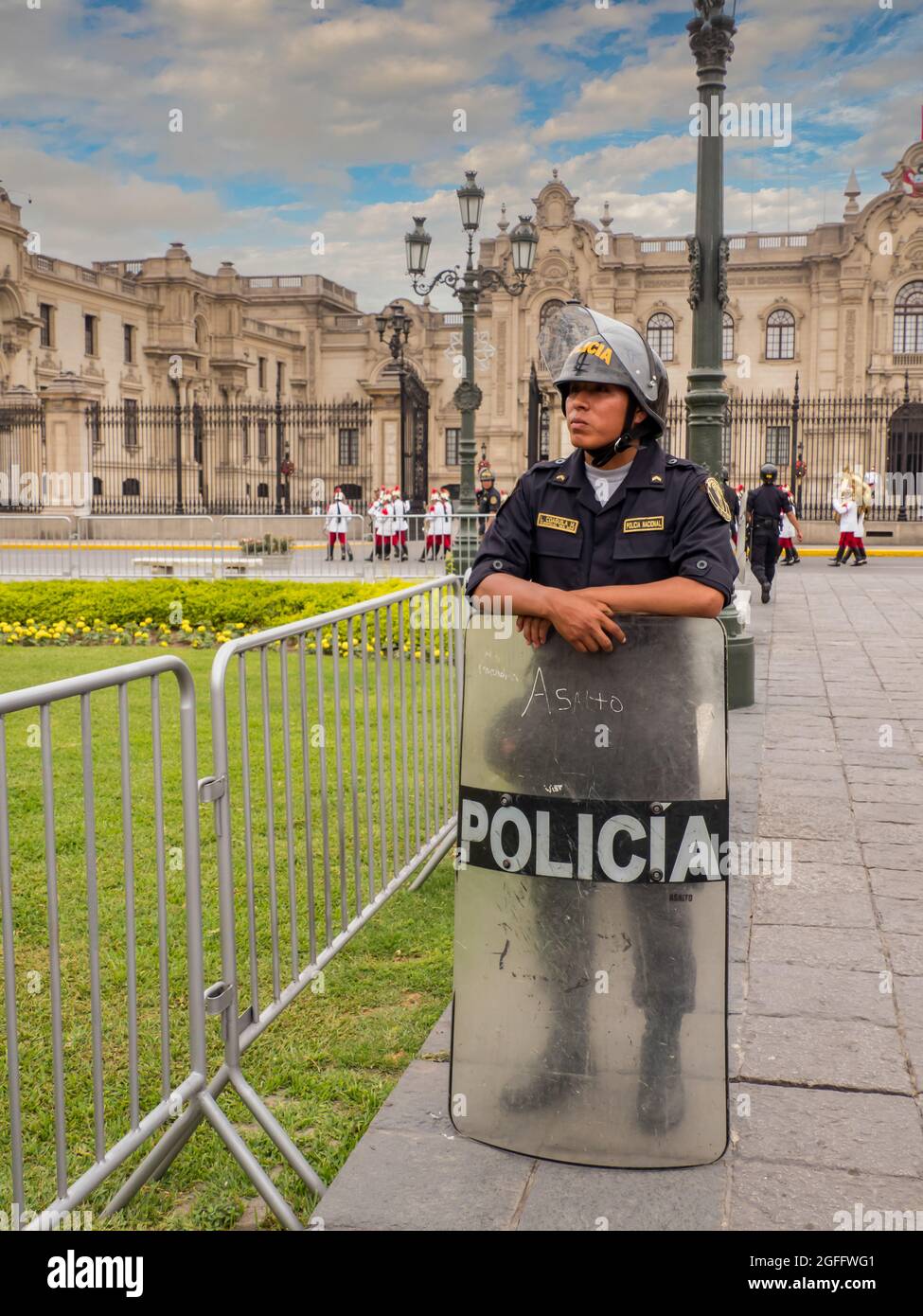LIma, Peru - Dec 2019: Armed riot police on the streets of Lima. Policia. South America. Stock Photo