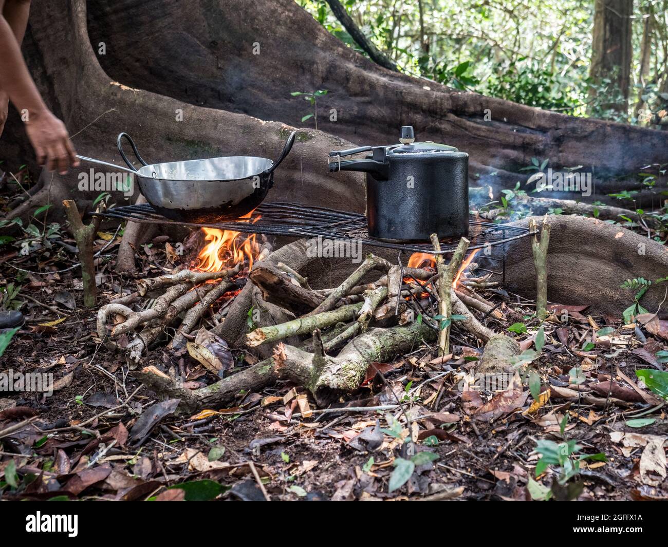 Lagoon, Brazil - November  27, 2017: Cooking on the fireplece on the camp in the amazonas jungle. South America. Amazonia Stock Photo