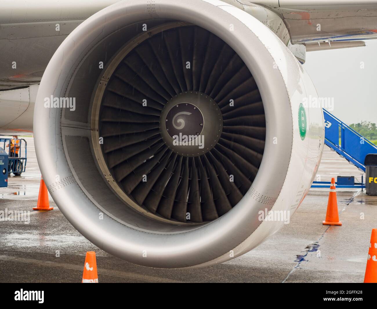 Iquitos, Peru - September 2017: Close-up of an aircraft engine at Iquitos airport. Peru, Latin America Stock Photo
