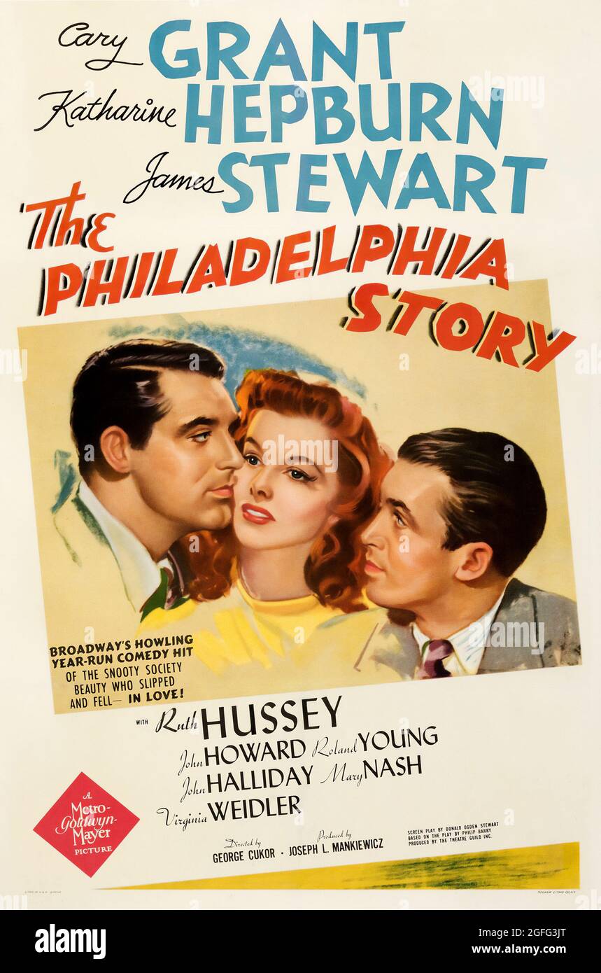 Movie poster: The Philadelphia Story is a 1940 American romantic comedy film starring Cary Grant, Katharine Hepburn, James Stewart, and Ruth Hussey. Stock Photo