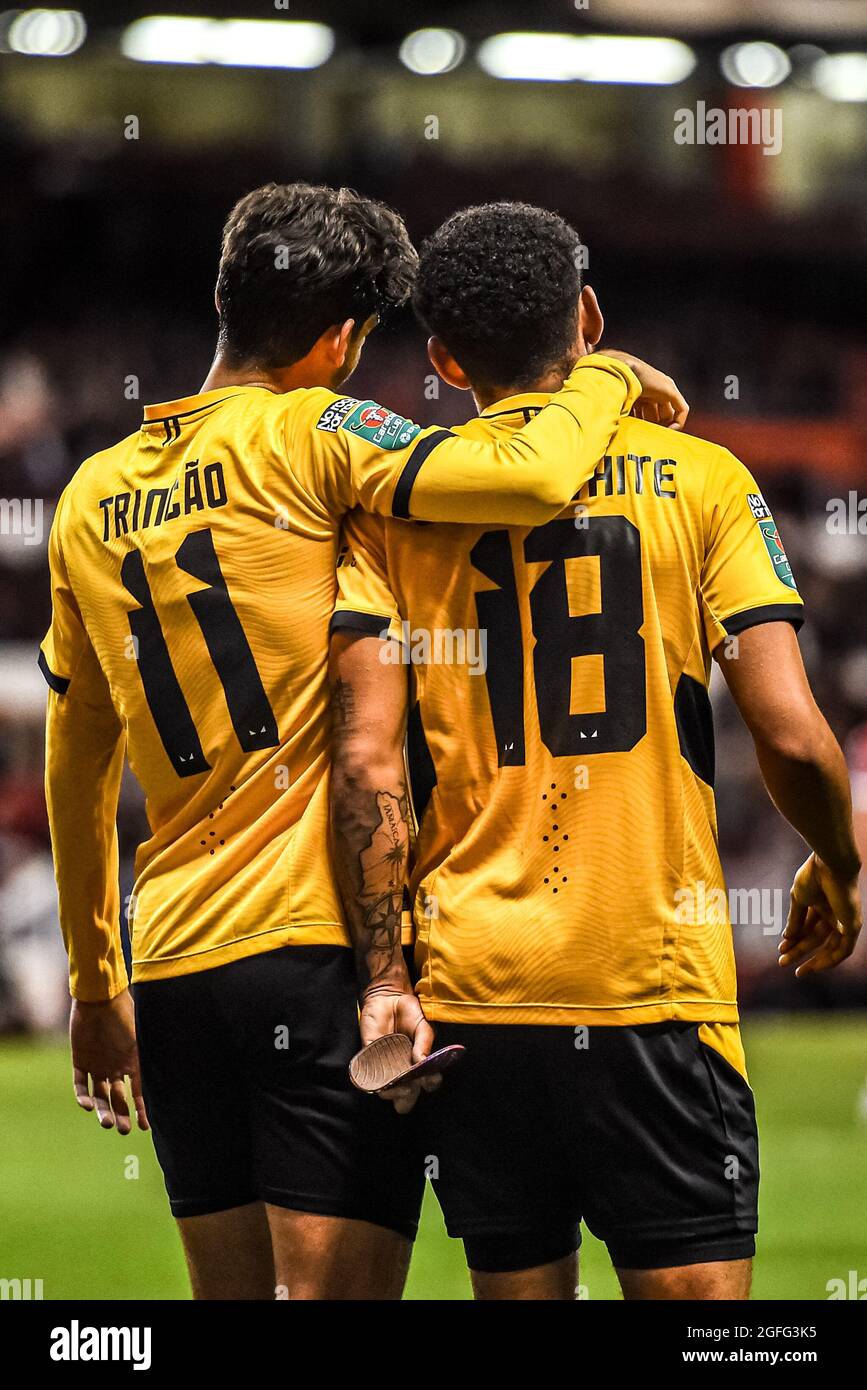 NOTTINGHAM, UK. AUGUST 24TH Wolves goal scorers, Trincao and Morgan Gibbs-White during the Carabao Cup match between Nottingham Forest and Wolverhampton Wanderers at the City Ground, Nottingham on Tuesday 24th August 2021. (Credit: Jon Hobley | MI News) Credit: MI News & Sport /Alamy Live News Stock Photo