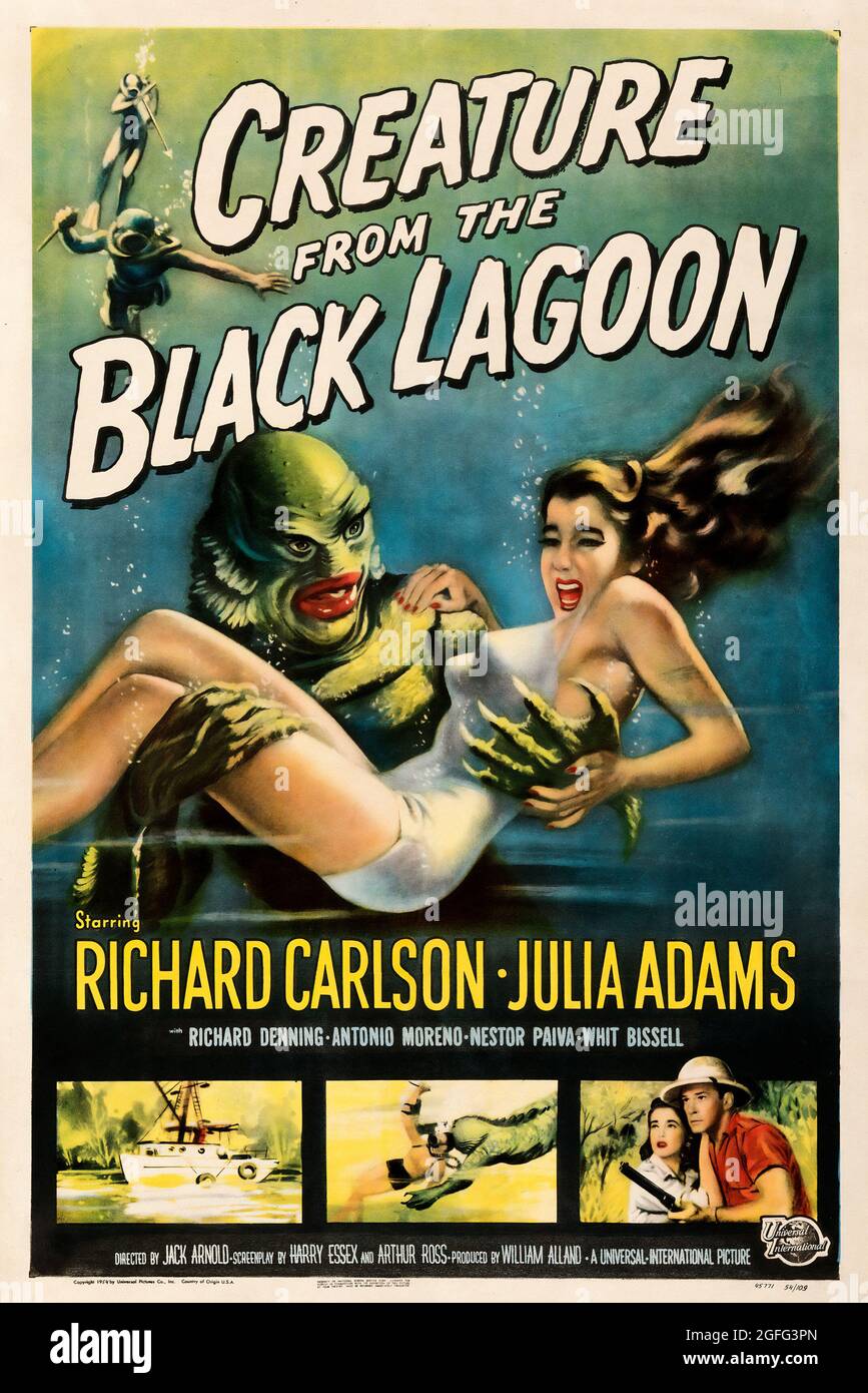 Vintage movie poster: Creature from the Black Lagoon, 1954. American black-and-white 3D monster horror film. Stock Photo