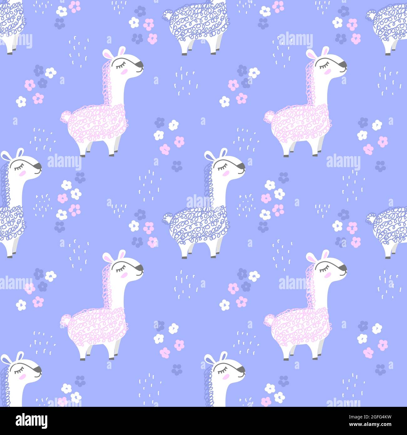Seamless vector pattern with llamas. Hand drawn cute creative llamas with flowers. Stock Vector