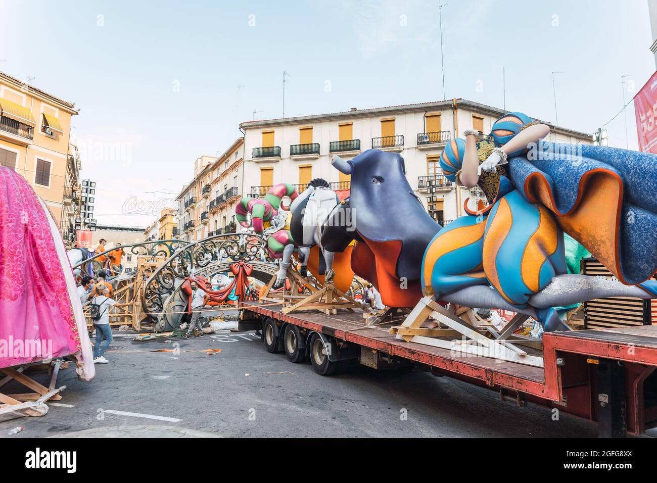 Valencia, Spain - August, 2021: Las Fallas of Valencia returns in 2021 after the coronavirus COVID-19 pandemic. Various parts of a Falla in the assemb Stock Photo