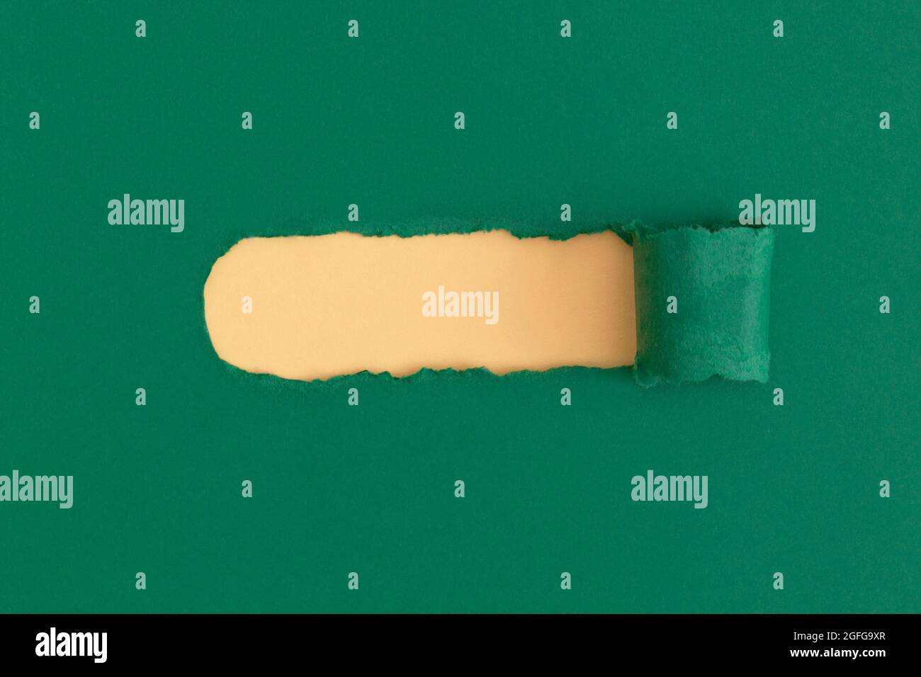 Green torn paper with space for text with yellow background Stock Photo