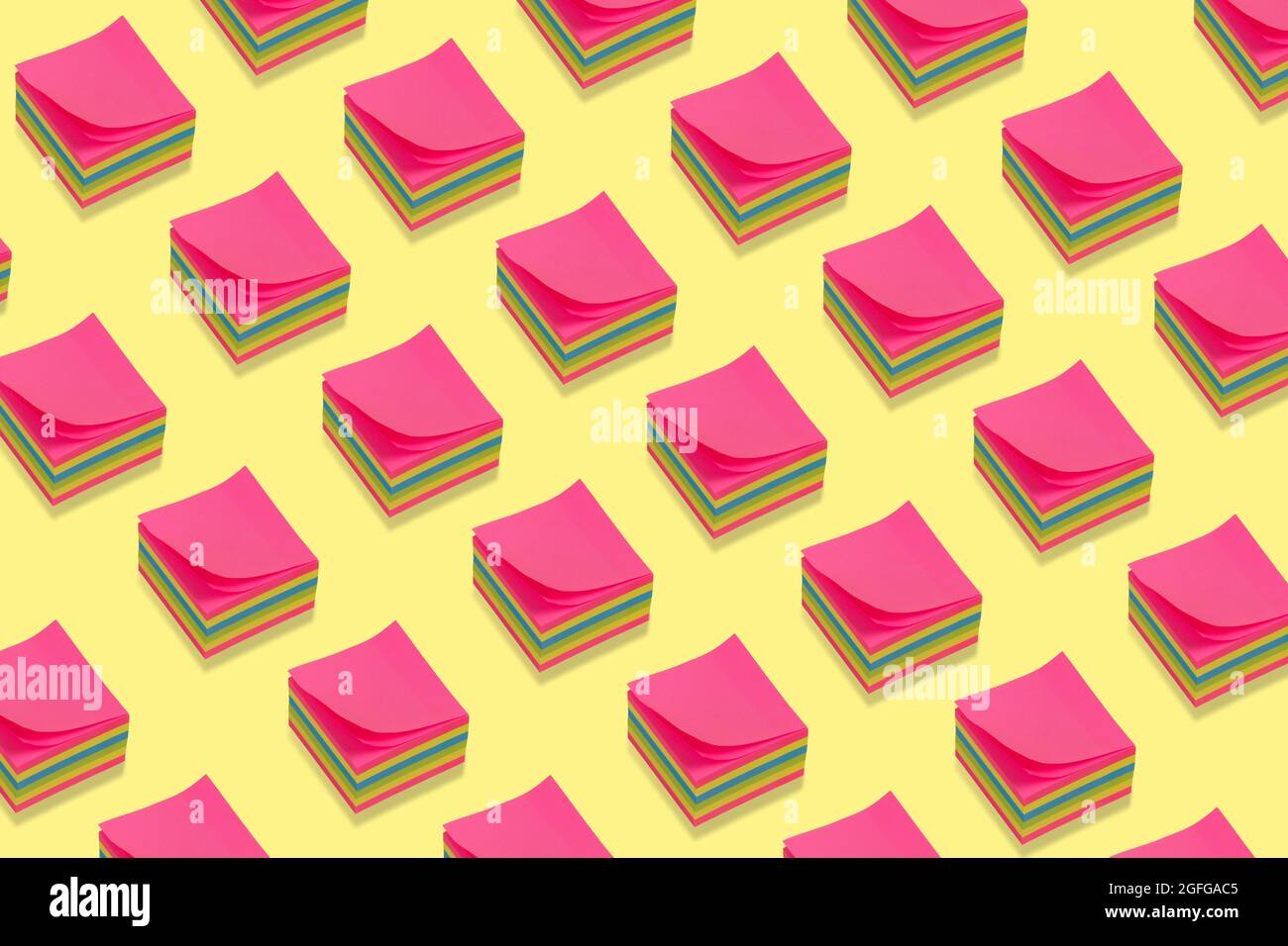 Colorful sticky notes pattern on a  yellow background. Creative minimal isometric concept. Back to school background. Stock Photo
