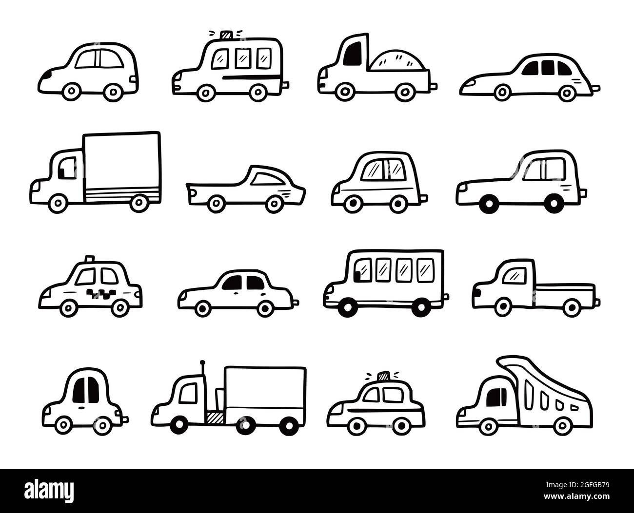 Doodle car set. Funny sketch scribble style. Hand drawn toy car vector illustration. Stock Vector