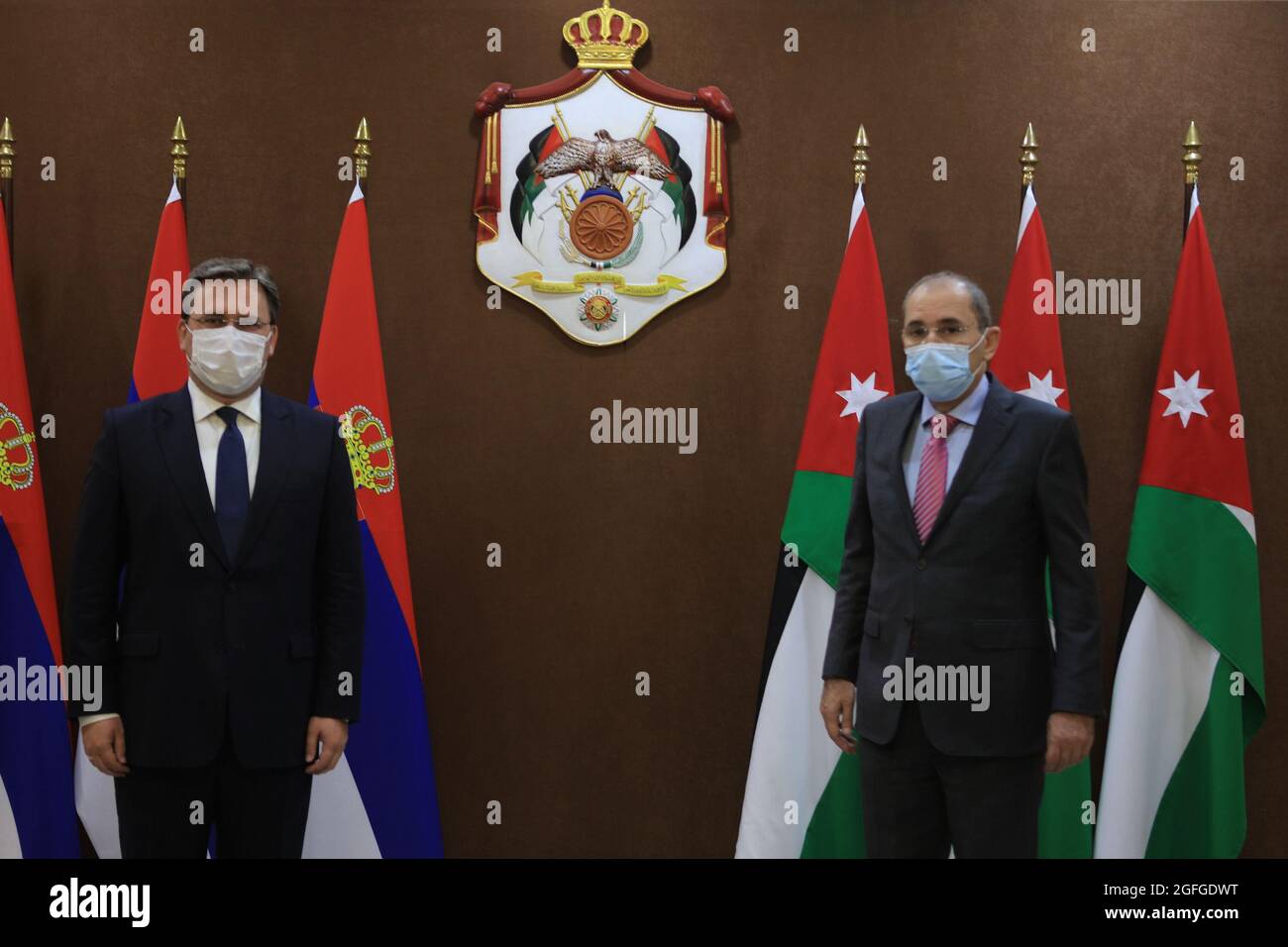 Amman, Jordan. 25th Aug, 2021. Jordanian Foreign Minister Ayman Safadi (R)  meets with Serbian Foreign Minister Nikola Selakovic in Amman, Jordan, on  Aug. 25, 2021. Jordan and Serbia on Wednesday agreed to