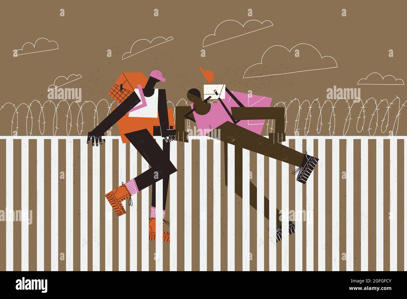 Mother and son refugees’ migrants trying to leap over the wall and barbed wire. Migrant drama illustration. Stock Photo