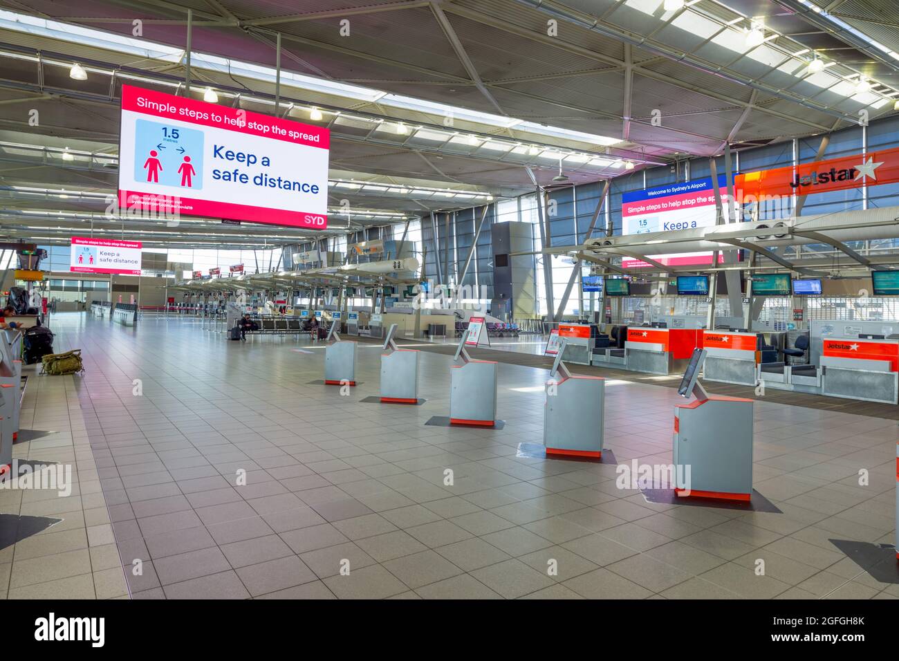 As Sydney, Australia, continues its lengthy coronavirus lockdown, Sydney Airport looks deserted due to closed borders and travel restrictions. Stock Photo