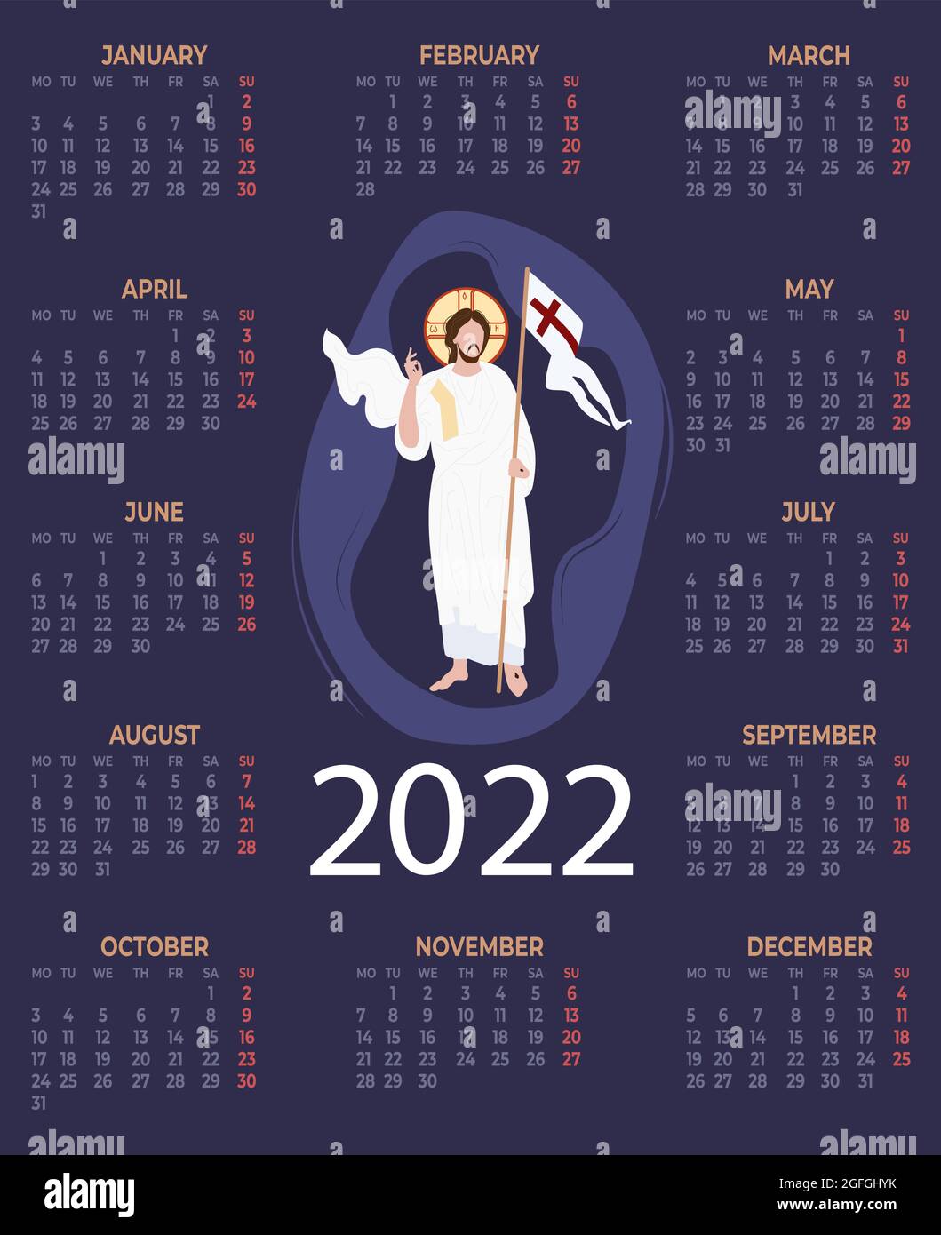 Interfaith Calendar 2022 2022. Annual Religious Calendar With Jesus Christ The Savior Resurrection.  Vector Illustration. Vertical Template For 12 Months In English On Blue  Stock Vector Image & Art - Alamy